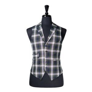 Mens Vest 40R Tartan Plaid Blue Green White Waistcoat Preppy Casual Formal Party